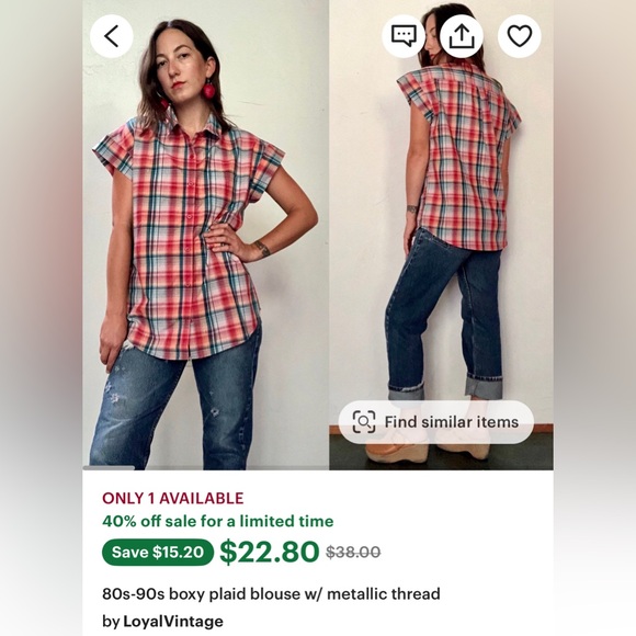 SALE  vtg  NWT boxy plaid blouse ,country metallic thread,PTP 25” oversized 1X - Picture 3 of 13